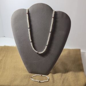 Vintage Set - White Seed Pearl with Gemstone Accents 18" Necklace And 7" Braclet